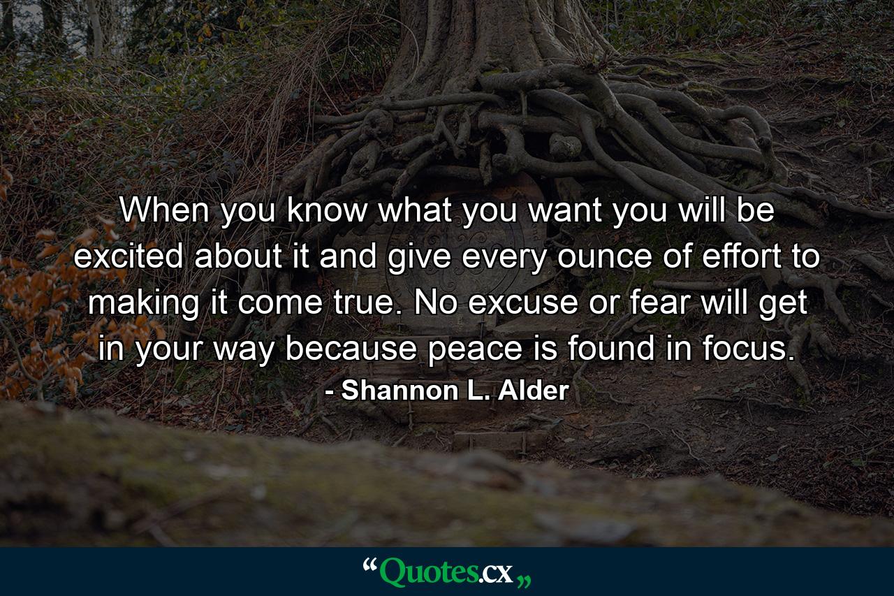 When you know what you want you will be excited about it and give every ounce of effort to making it come true. No excuse or fear will get in your way because peace is found in focus. - Quote by Shannon L. Alder