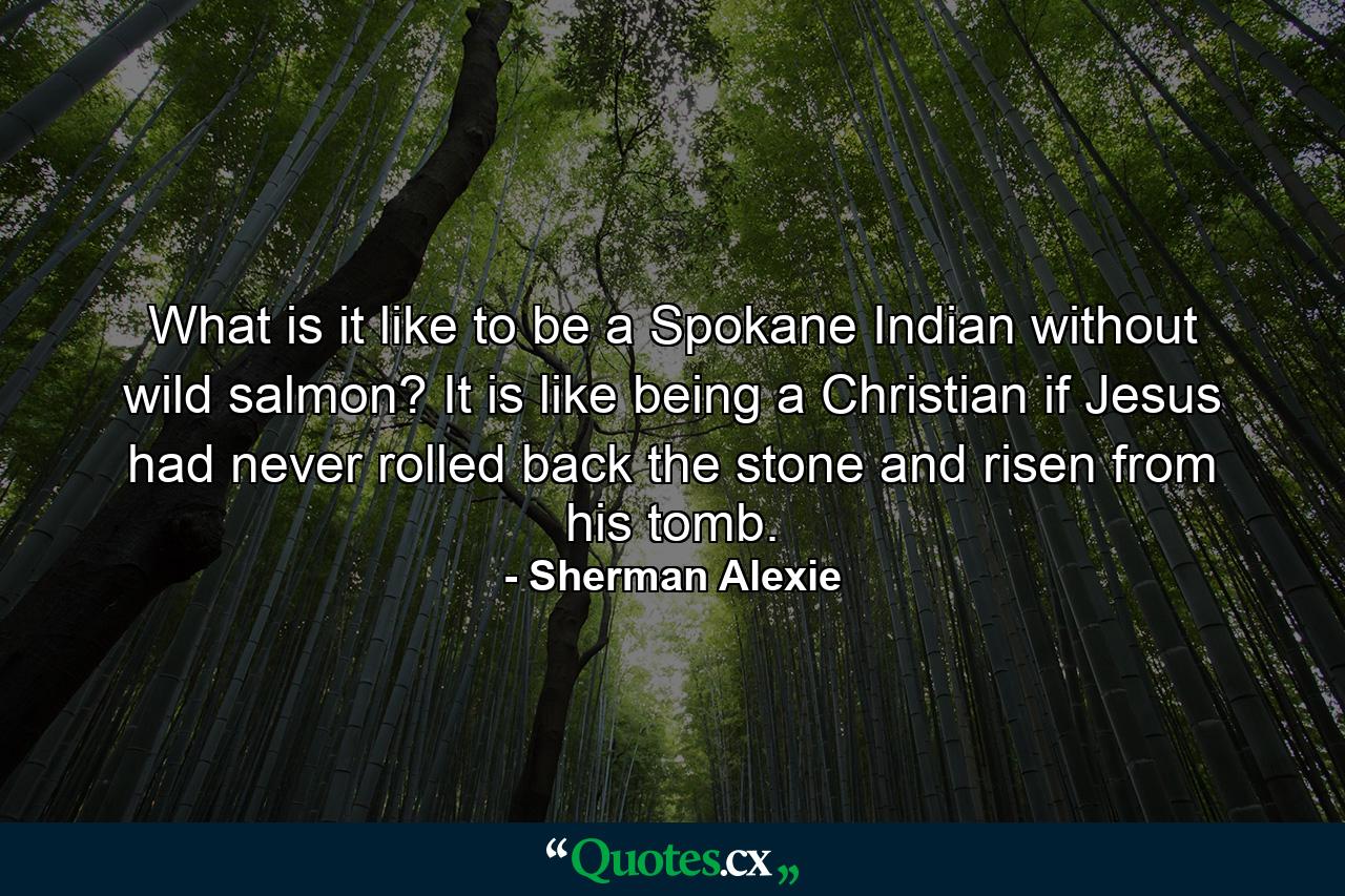 What is it like to be a Spokane Indian without wild salmon? It is like being a Christian if Jesus had never rolled back the stone and risen from his tomb. - Quote by Sherman Alexie