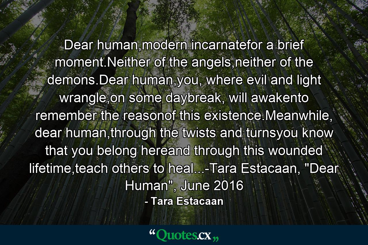 Dear human,modern incarnatefor a brief moment.Neither of the angels,neither of the demons.Dear human,you, where evil and light wrangle,on some daybreak, will awakento remember the reasonof this existence.Meanwhile, dear human,through the twists and turnsyou know that you belong hereand through this wounded lifetime,teach others to heal...-Tara Estacaan, 