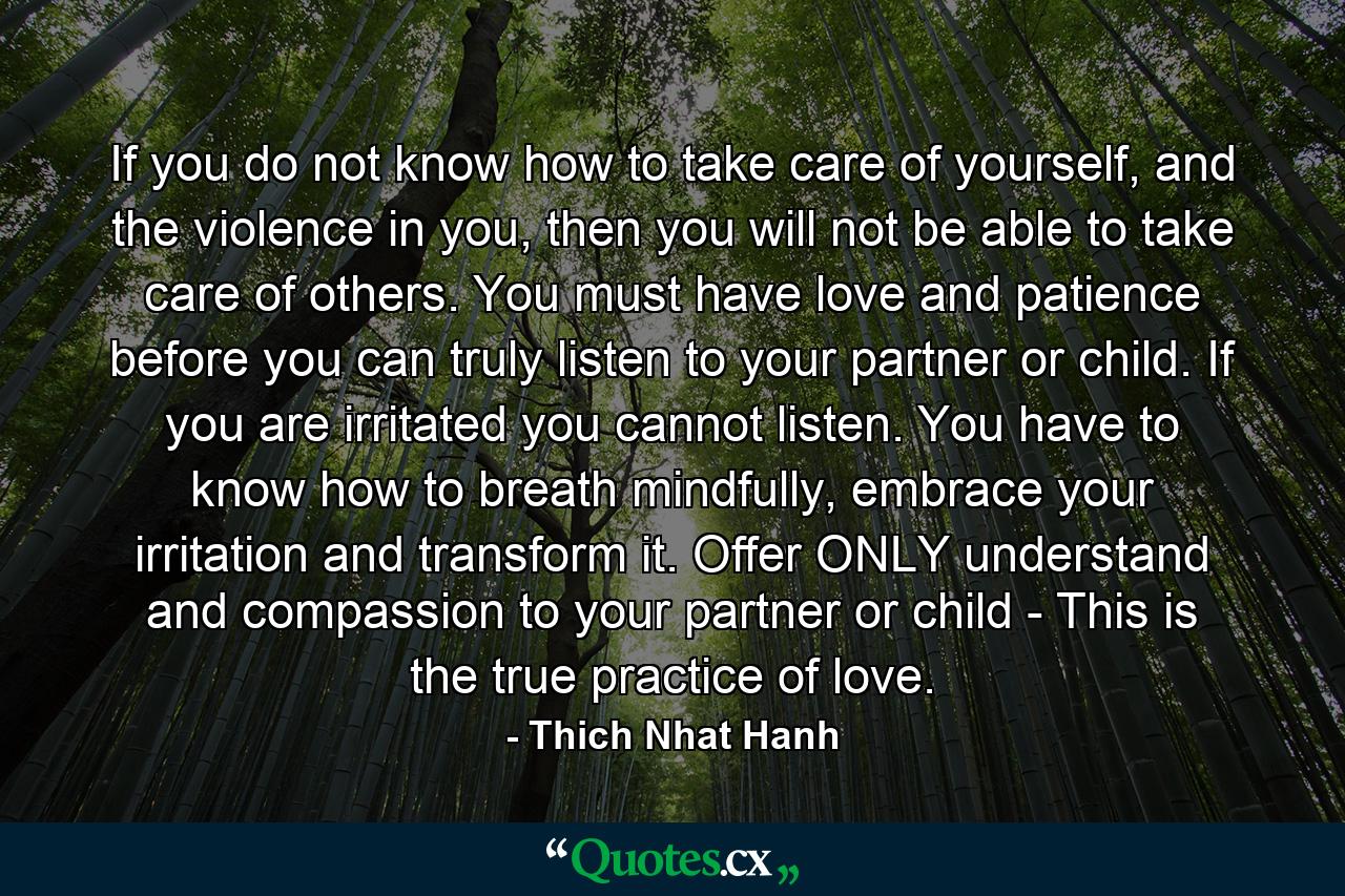 If you do not know how to take care of yourself, and the violence in you, then you will not be able to take care of others. You must have love and patience before you can truly listen to your partner or child. If you are irritated you cannot listen. You have to know how to breath mindfully, embrace your irritation and transform it. Offer ONLY understand and compassion to your partner or child - This is the true practice of love. - Quote by Thich Nhat Hanh