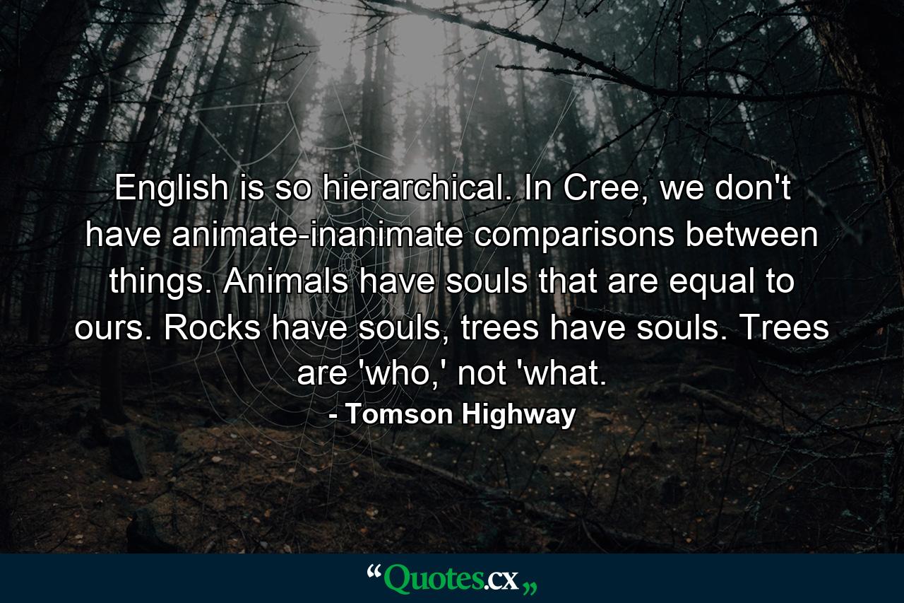 English is so hierarchical. In Cree, we don't have animate-inanimate comparisons between things. Animals have souls that are equal to ours. Rocks have souls, trees have souls. Trees are 'who,' not 'what. - Quote by Tomson Highway