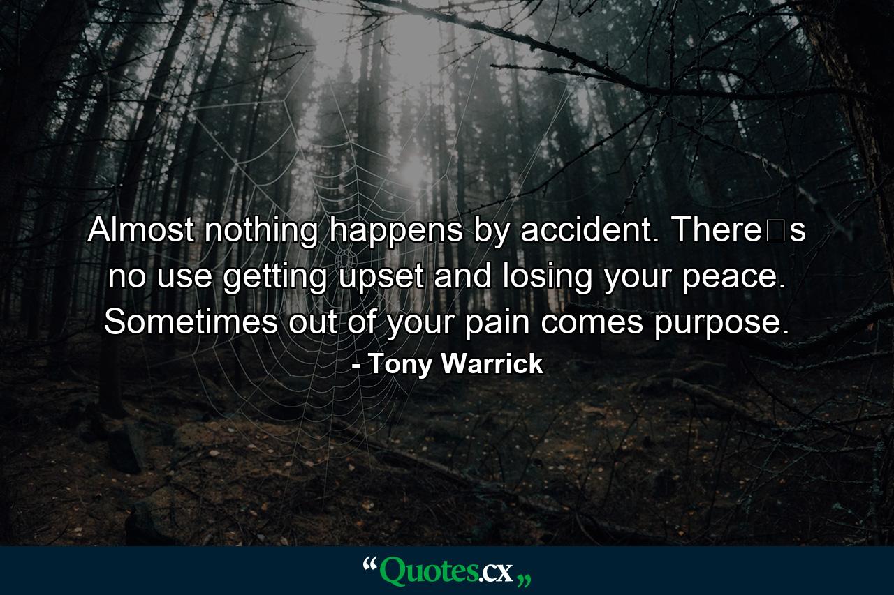 Almost nothing happens by accident. Theres no use getting upset and losing your peace. Sometimes out of your pain comes purpose. - Quote by Tony Warrick