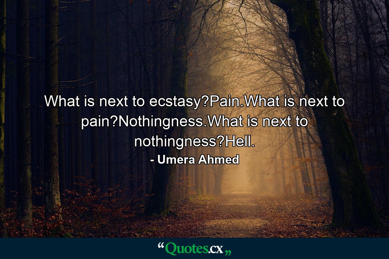 What is next to ecstasy?Pain.What is next to pain?Nothingness.What is next to nothingness?Hell. - Quote by Umera Ahmed