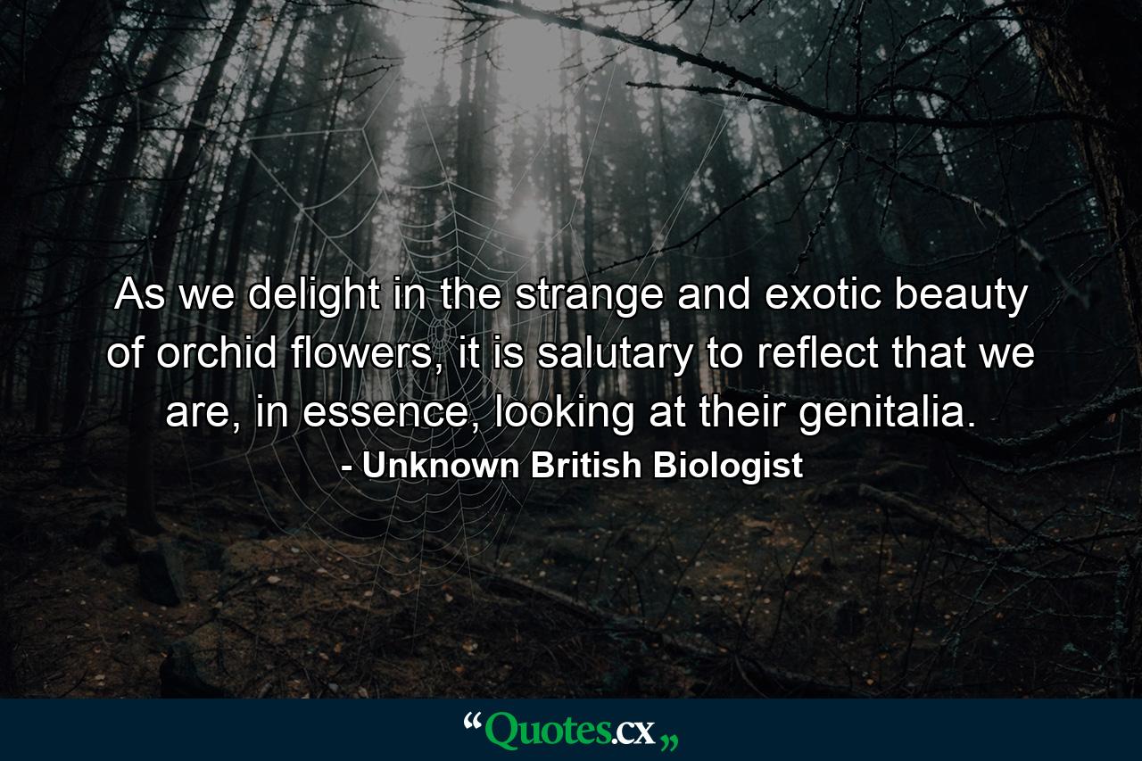 As we delight in the strange and exotic beauty of orchid flowers, it is salutary to reflect that we are, in essence, looking at their genitalia. - Quote by Unknown British Biologist