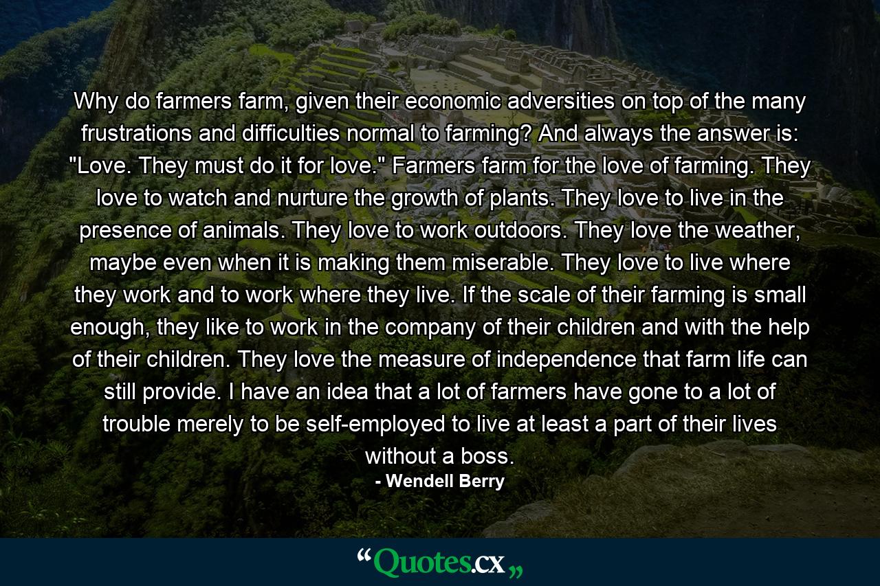 Why do farmers farm, given their economic adversities on top of the many frustrations and difficulties normal to farming? And always the answer is: 