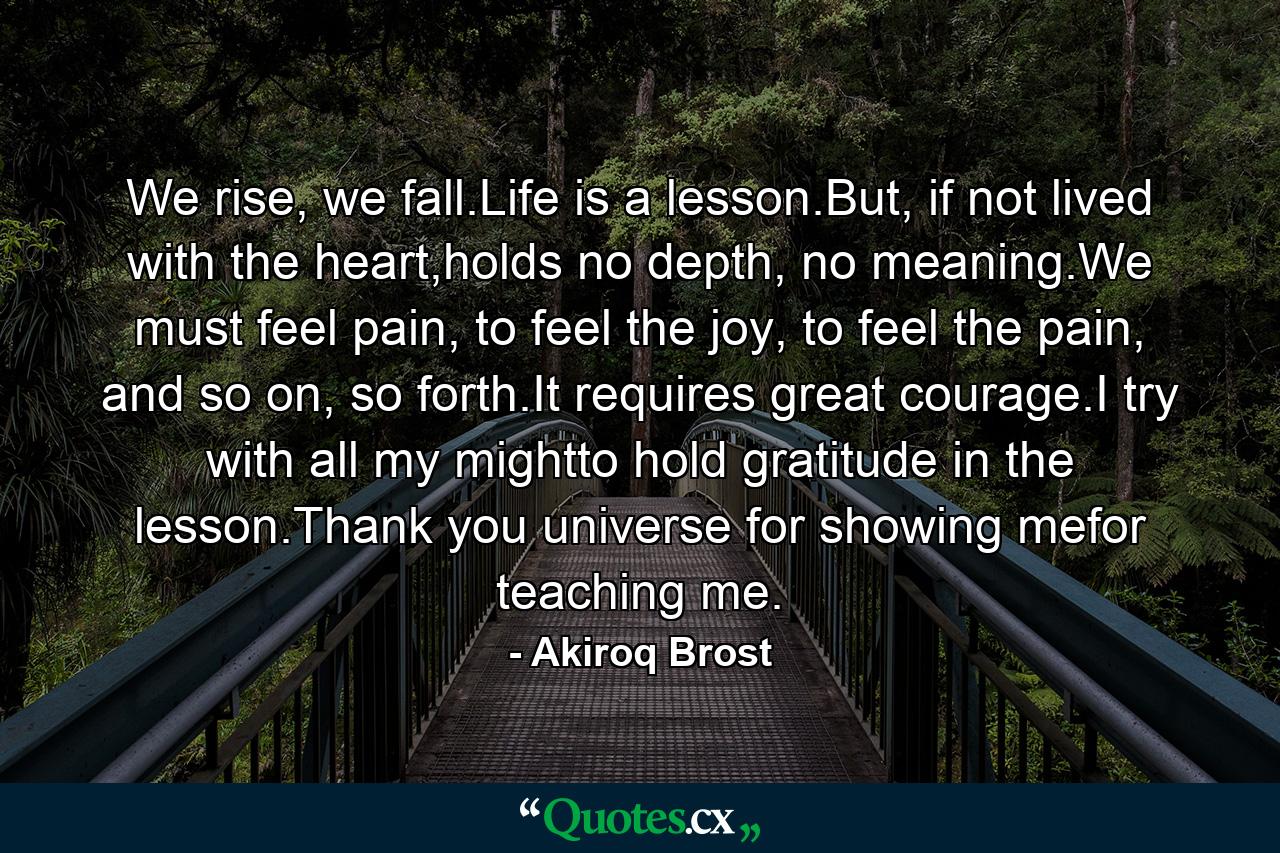 We rise, we fall.Life is a lesson.But, if not lived with the heart,holds no depth, no meaning.We must feel pain, to feel the joy, to feel the pain, and so on, so forth.It requires great courage.I try with all my mightto hold gratitude in the lesson.Thank you universe for showing mefor teaching me. - Quote by Akiroq Brost