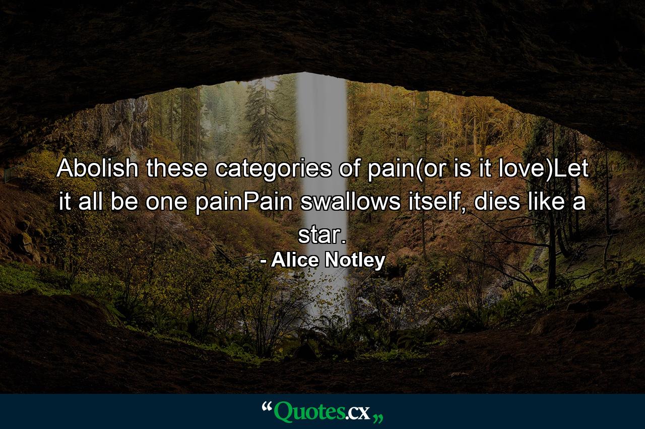 Abolish these categories of pain(or is it love)Let it all be one painPain swallows itself, dies like a star. - Quote by Alice Notley