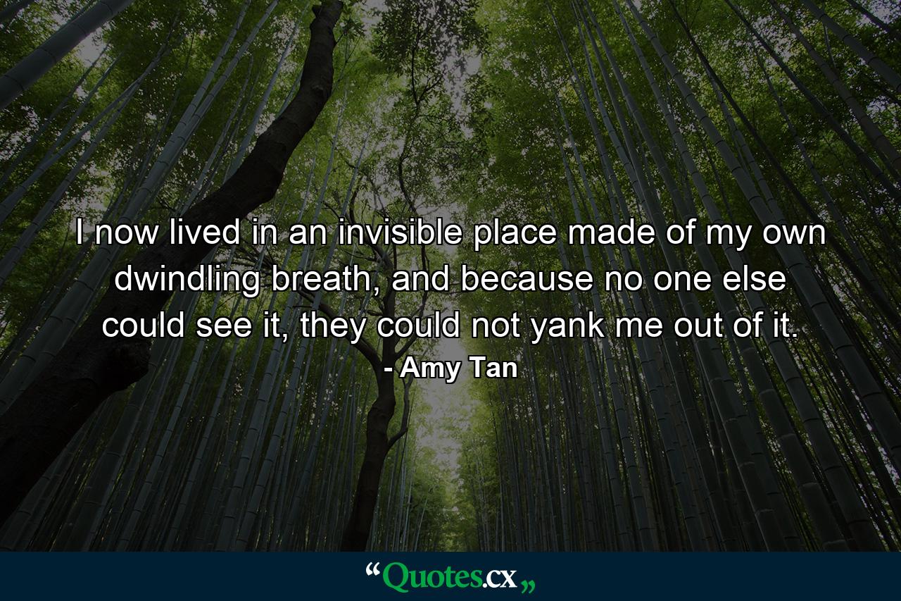 I now lived in an invisible place made of my own dwindling breath, and because no one else could see it, they could not yank me out of it. - Quote by Amy Tan