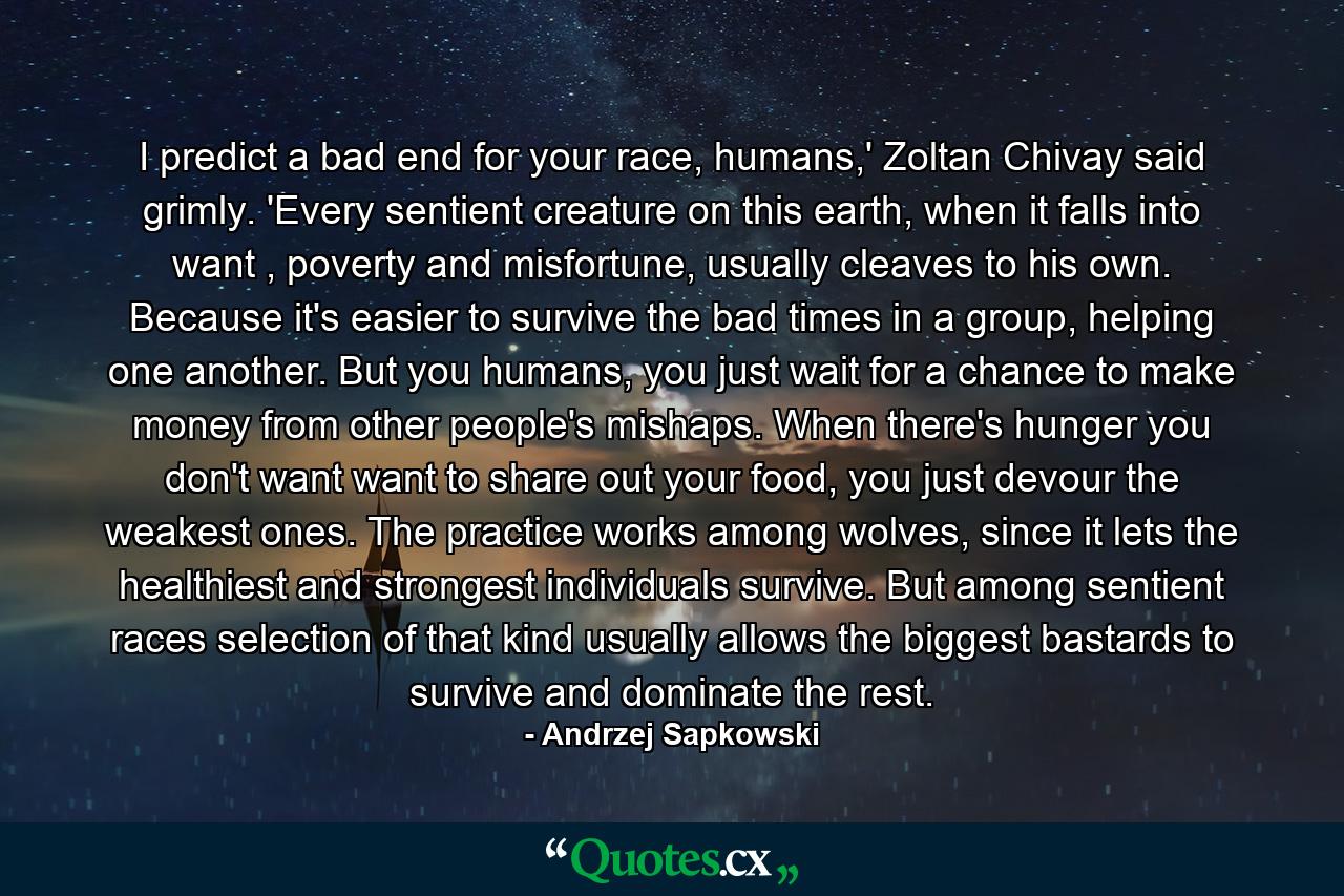 I predict a bad end for your race, humans,' Zoltan Chivay said grimly. 'Every sentient creature on this earth, when it falls into want , poverty and misfortune, usually cleaves to his own. Because it's easier to survive the bad times in a group, helping one another. But you humans, you just wait for a chance to make money from other people's mishaps. When there's hunger you don't want want to share out your food, you just devour the weakest ones. The practice works among wolves, since it lets the healthiest and strongest individuals survive. But among sentient races selection of that kind usually allows the biggest bastards to survive and dominate the rest. - Quote by Andrzej Sapkowski