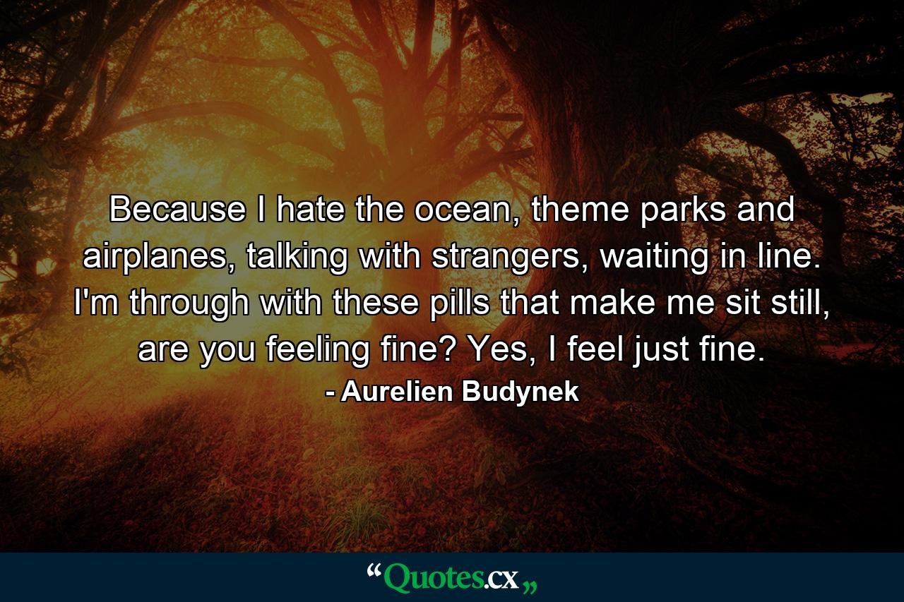 Because I hate the ocean, theme parks and airplanes, talking with strangers, waiting in line. I'm through with these pills that make me sit still, are you feeling fine? Yes, I feel just fine. - Quote by Aurelien Budynek