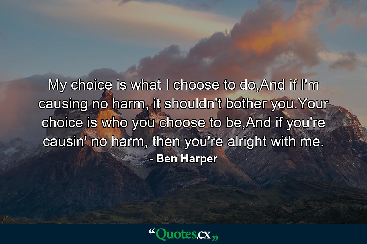 My choice is what I choose to do,And if I'm causing no harm, it shouldn't bother you.Your choice is who you choose to be,And if you're causin' no harm, then you're alright with me. - Quote by Ben Harper