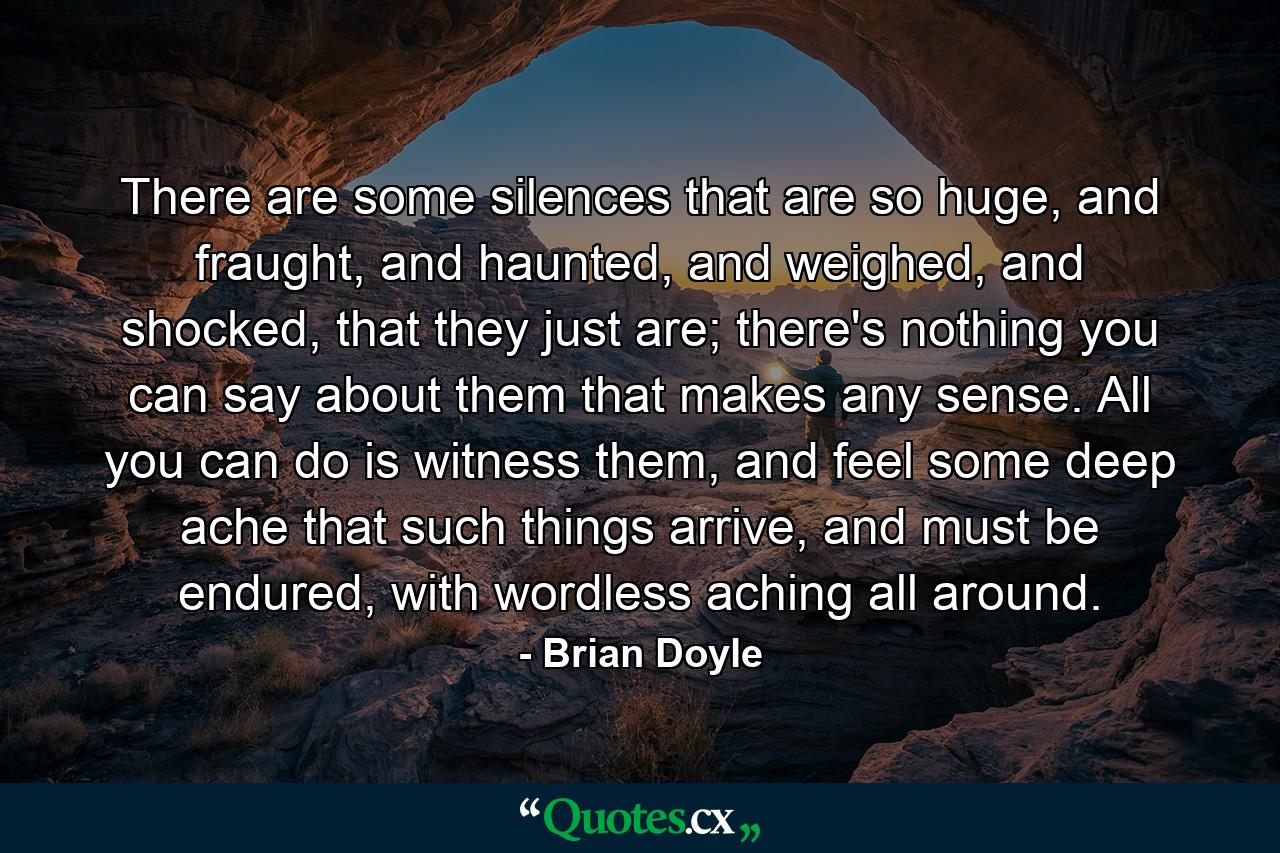 There are some silences that are so huge, and fraught, and haunted, and weighed, and shocked, that they just are; there's nothing you can say about them that makes any sense. All you can do is witness them, and feel some deep ache that such things arrive, and must be endured, with wordless aching all around. - Quote by Brian Doyle