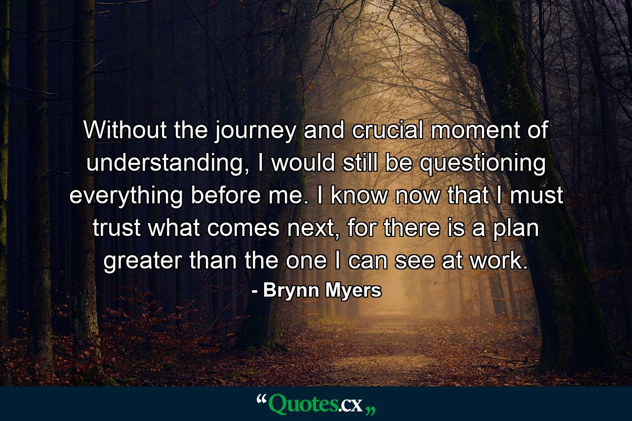 Without the journey and crucial moment of understanding, I would still be questioning everything before me. I know now that I must trust what comes next, for there is a plan greater than the one I can see at work. - Quote by Brynn Myers