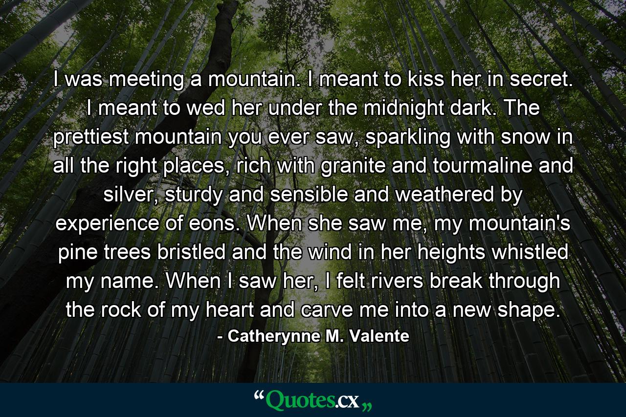 I was meeting a mountain. I meant to kiss her in secret. I meant to wed her under the midnight dark. The prettiest mountain you ever saw, sparkling with snow in all the right places, rich with granite and tourmaline and silver, sturdy and sensible and weathered by experience of eons. When she saw me, my mountain's pine trees bristled and the wind in her heights whistled my name. When I saw her, I felt rivers break through the rock of my heart and carve me into a new shape. - Quote by Catherynne M. Valente