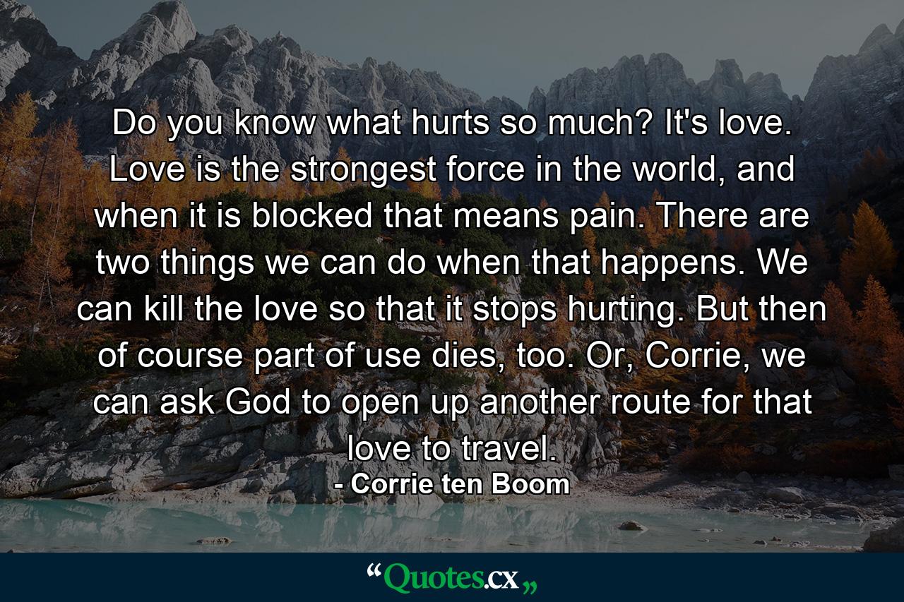 Do you know what hurts so much? It's love. Love is the strongest force in the world, and when it is blocked that means pain. There are two things we can do when that happens. We can kill the love so that it stops hurting. But then of course part of use dies, too. Or, Corrie, we can ask God to open up another route for that love to travel. - Quote by Corrie ten Boom