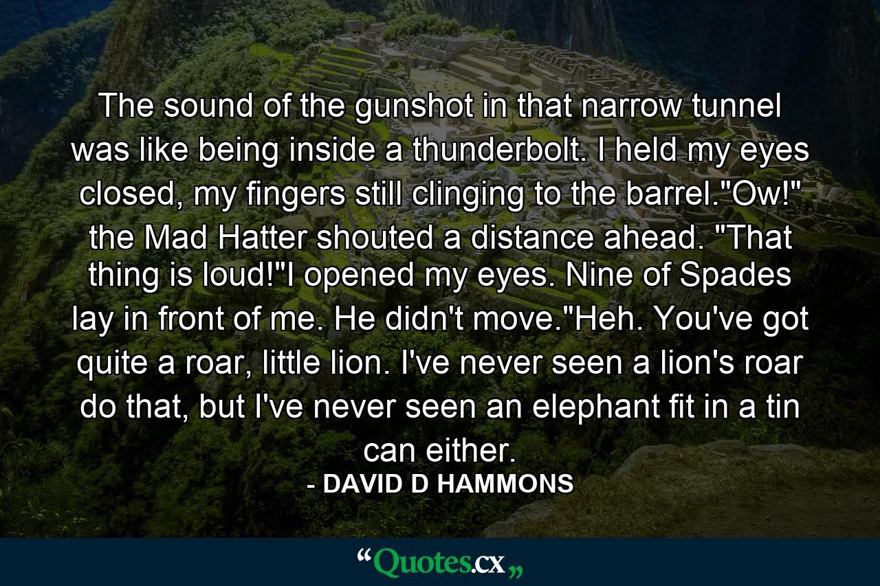 The sound of the gunshot in that narrow tunnel was like being inside a thunderbolt. I held my eyes closed, my fingers still clinging to the barrel.