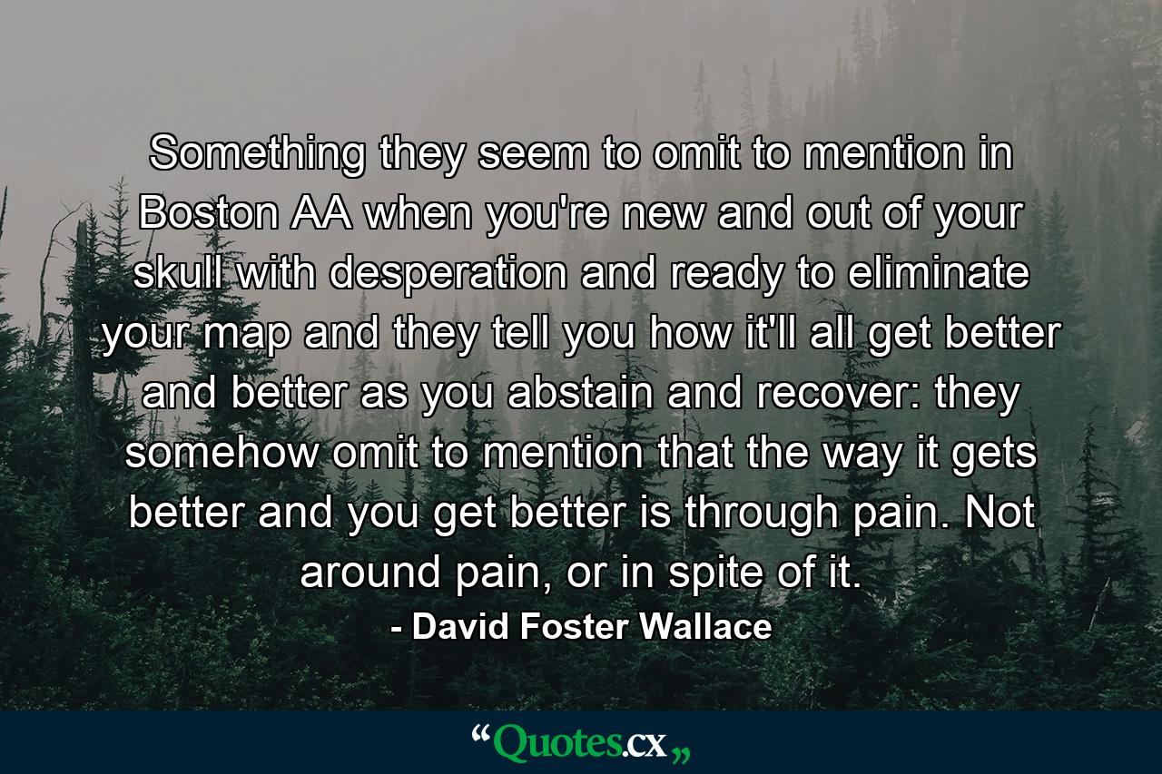 Something they seem to omit to mention in Boston AA when you're new and out of your skull with desperation and ready to eliminate your map and they tell you how it'll all get better and better as you abstain and recover: they somehow omit to mention that the way it gets better and you get better is through pain. Not around pain, or in spite of it. - Quote by David Foster Wallace