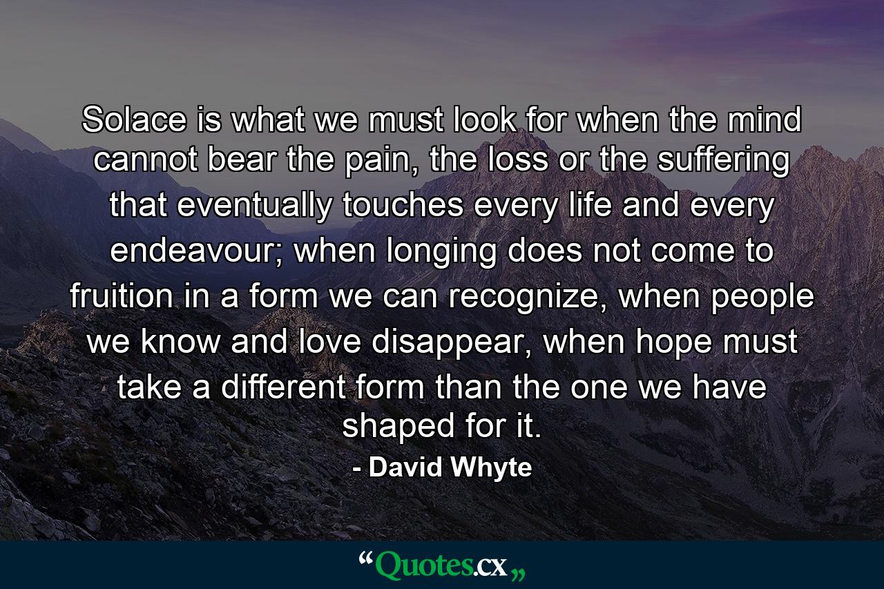 Solace is what we must look for when the mind cannot bear the pain, the loss or the suffering that eventually touches every life and every endeavour; when longing does not come to fruition in a form we can recognize, when people we know and love disappear, when hope must take a different form than the one we have shaped for it. - Quote by David Whyte