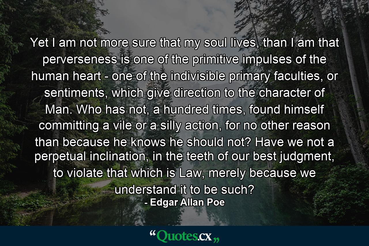 Yet I am not more sure that my soul lives, than I am that perverseness is one of the primitive impulses of the human heart - one of the indivisible primary faculties, or sentiments, which give direction to the character of Man. Who has not, a hundred times, found himself committing a vile or a silly action, for no other reason than because he knows he should not? Have we not a perpetual inclination, in the teeth of our best judgment, to violate that which is Law, merely because we understand it to be such? - Quote by Edgar Allan Poe