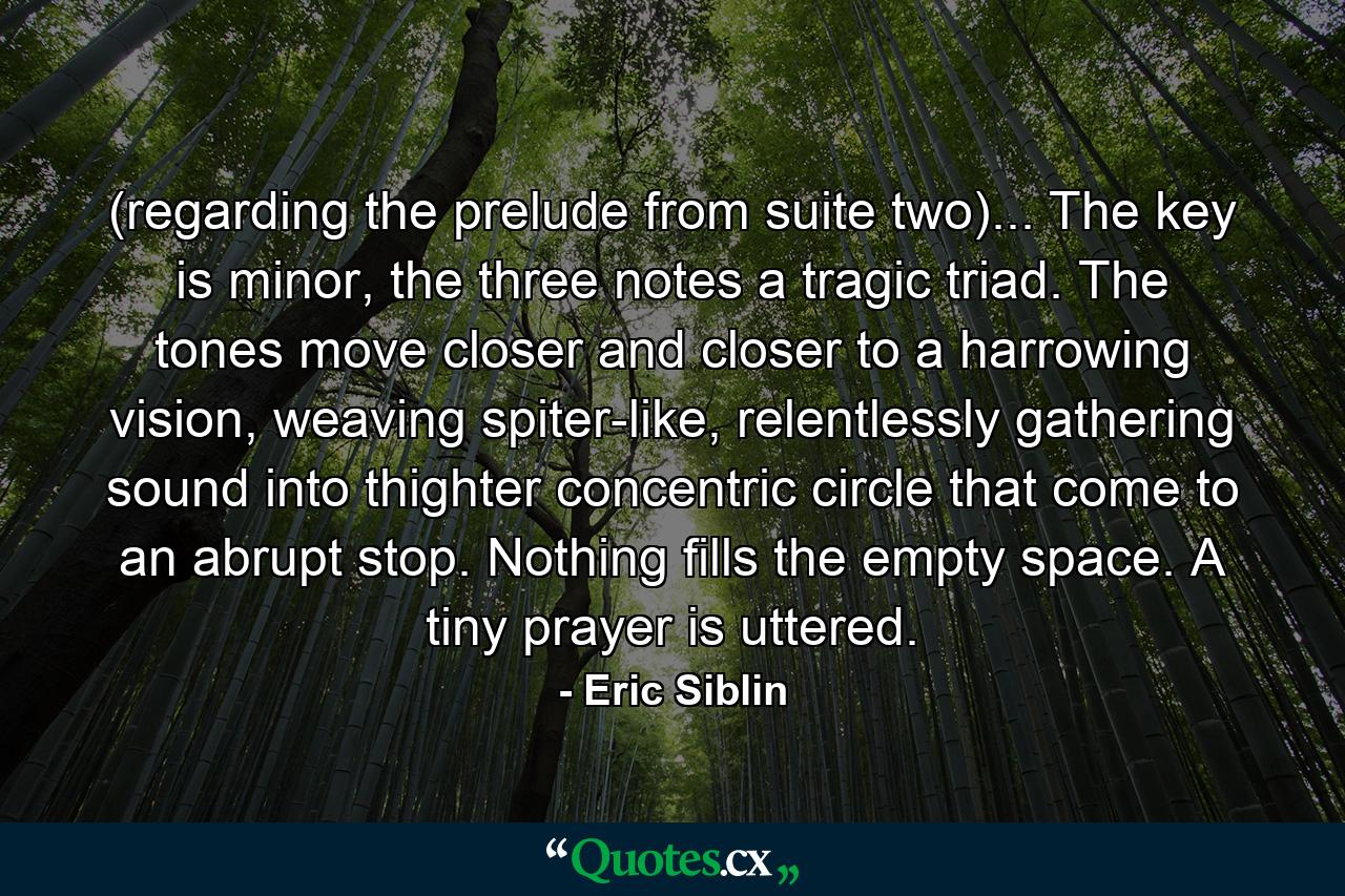 (regarding the prelude from suite two)... The key is minor, the three notes a tragic triad. The tones move closer and closer to a harrowing vision, weaving spiter-like, relentlessly gathering sound into thighter concentric circle that come to an abrupt stop. Nothing fills the empty space. A tiny prayer is uttered. - Quote by Eric Siblin