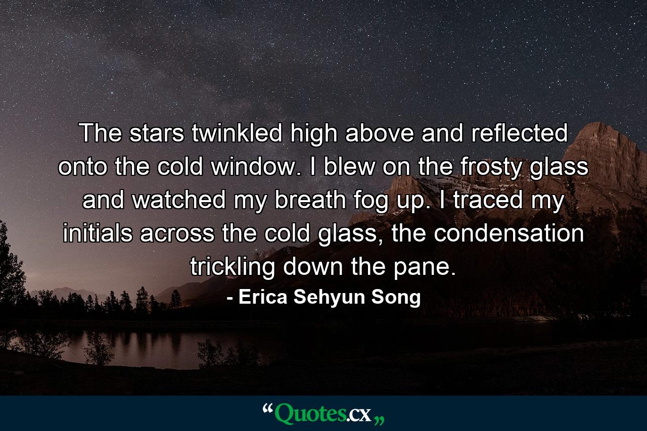 The stars twinkled high above and reflected onto the cold window. I blew on the frosty glass and watched my breath fog up. I traced my initials across the cold glass, the condensation trickling down the pane. - Quote by Erica Sehyun Song