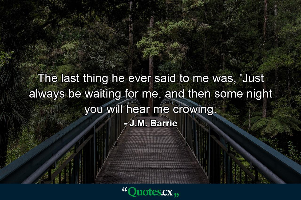 The last thing he ever said to me was, 'Just always be waiting for me, and then some night you will hear me crowing. - Quote by J.M. Barrie