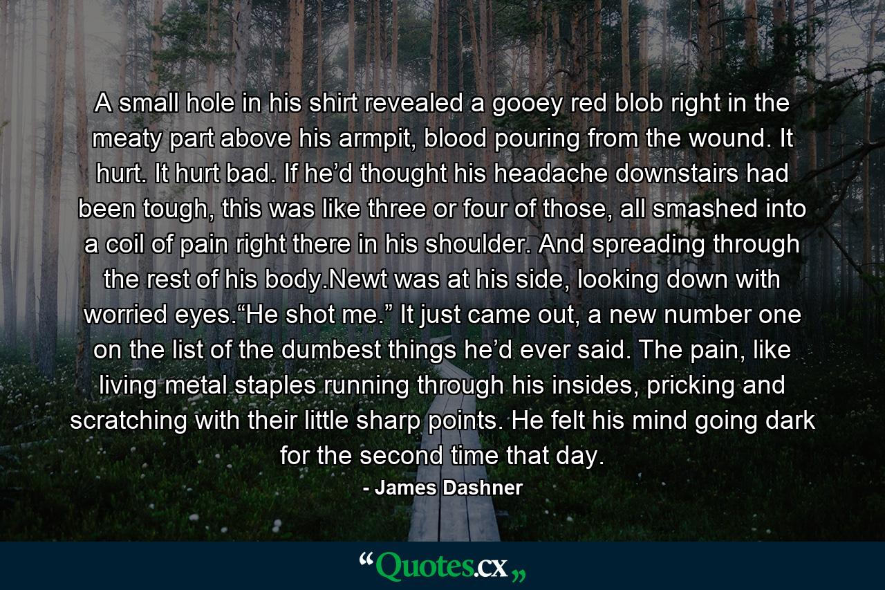 A small hole in his shirt revealed a gooey red blob right in the meaty part above his armpit, blood pouring from the wound. It hurt. It hurt bad. If he’d thought his headache downstairs had been tough, this was like three or four of those, all smashed into a coil of pain right there in his shoulder. And spreading through the rest of his body.Newt was at his side, looking down with worried eyes.“He shot me.” It just came out, a new number one on the list of the dumbest things he’d ever said. The pain, like living metal staples running through his insides, pricking and scratching with their little sharp points. He felt his mind going dark for the second time that day. - Quote by James Dashner