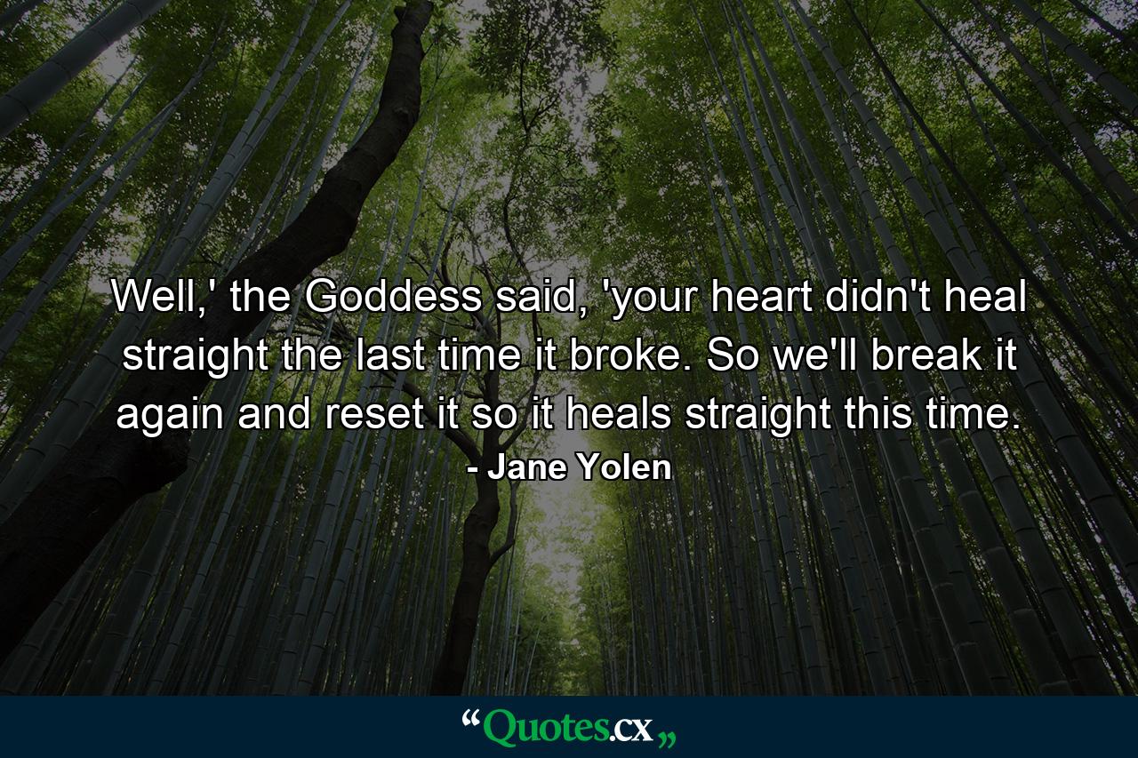 Well,' the Goddess said, 'your heart didn't heal straight the last time it broke. So we'll break it again and reset it so it heals straight this time. - Quote by Jane Yolen