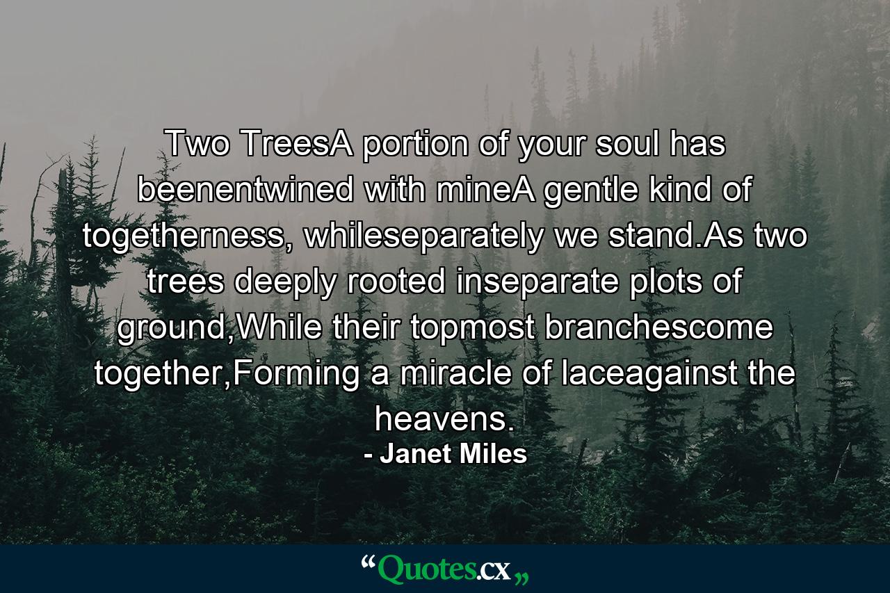 Two TreesA portion of your soul has beenentwined with mineA gentle kind of togetherness, whileseparately we stand.As two trees deeply rooted inseparate plots of ground,While their topmost branchescome together,Forming a miracle of laceagainst the heavens. - Quote by Janet Miles