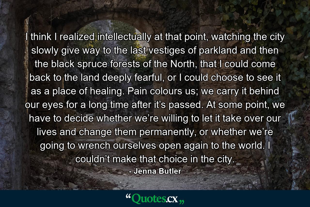 I think I realized intellectually at that point, watching the city slowly give way to the last vestiges of parkland and then the black spruce forests of the North, that I could come back to the land deeply fearful, or I could choose to see it as a place of healing. Pain colours us; we carry it behind our eyes for a long time after it’s passed. At some point, we have to decide whether we’re willing to let it take over our lives and change them permanently, or whether we’re going to wrench ourselves open again to the world. I couldn’t make that choice in the city. - Quote by Jenna Butler