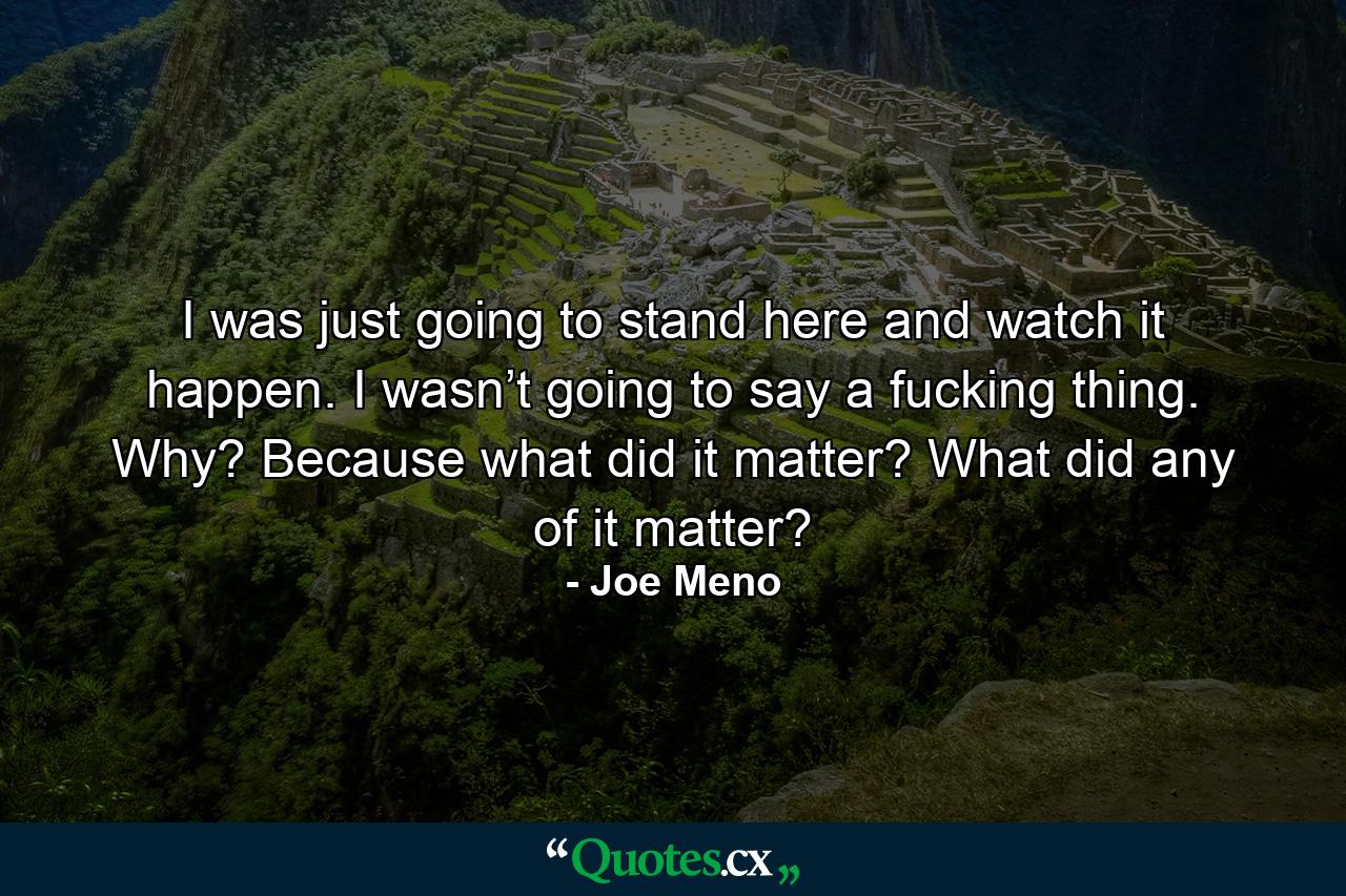 I was just going to stand here and watch it happen. I wasn’t going to say a fucking thing. Why? Because what did it matter? What did any of it matter? - Quote by Joe Meno