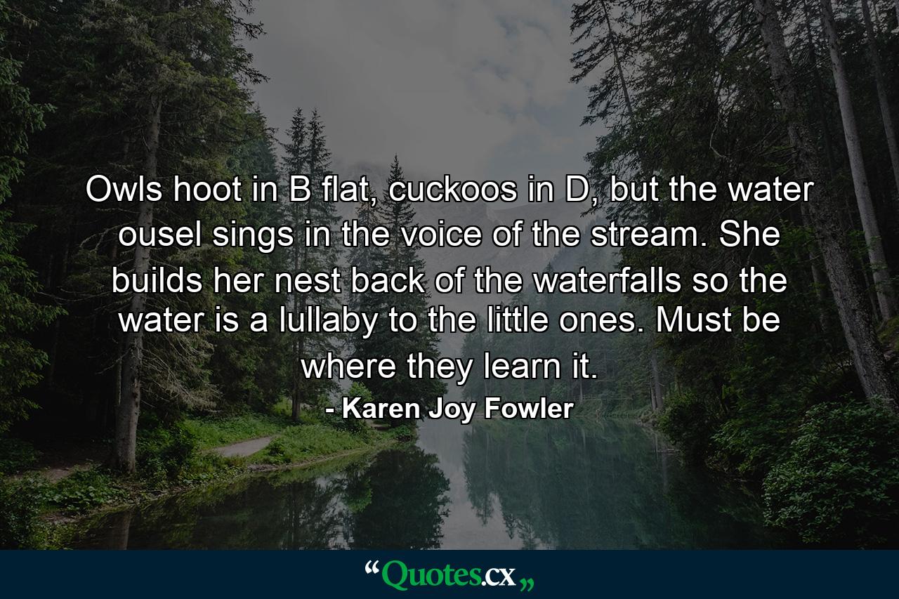 Owls hoot in B flat, cuckoos in D, but the water ousel sings in the voice of the stream. She builds her nest back of the waterfalls so the water is a lullaby to the little ones. Must be where they learn it. - Quote by Karen Joy Fowler