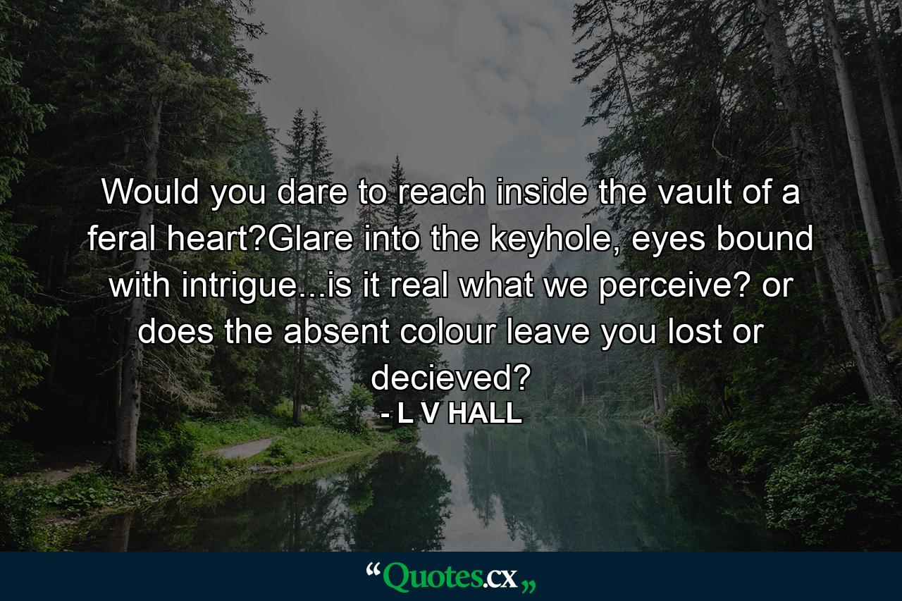 Would you dare to reach inside the vault of a feral heart?Glare into the keyhole, eyes bound with intrigue...is it real what we perceive? or does the absent colour leave you lost or decieved? - Quote by L V HALL