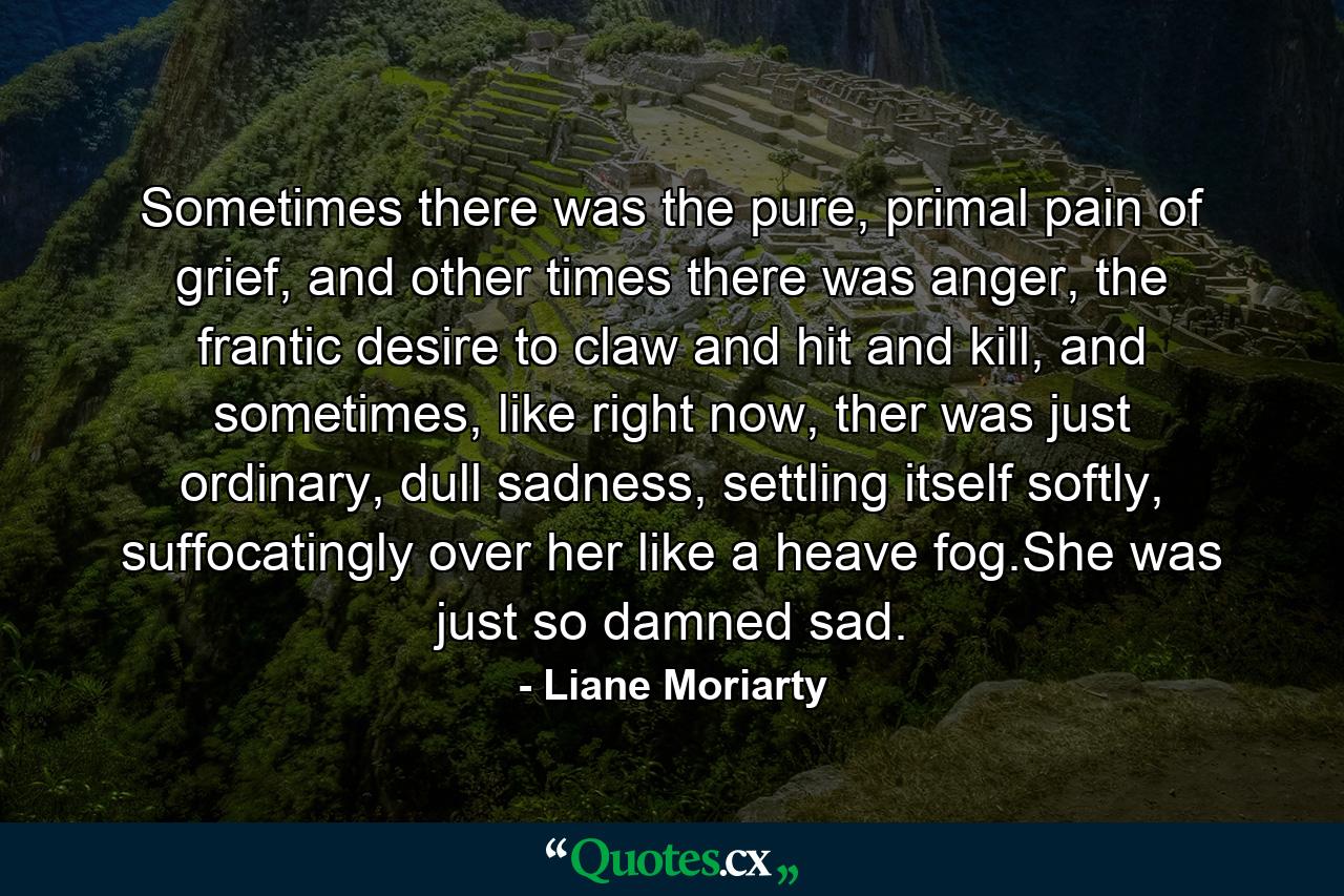 Sometimes there was the pure, primal pain of grief, and other times there was anger, the frantic desire to claw and hit and kill, and sometimes, like right now, ther was just ordinary, dull sadness, settling itself softly, suffocatingly over her like a heave fog.She was just so damned sad. - Quote by Liane Moriarty