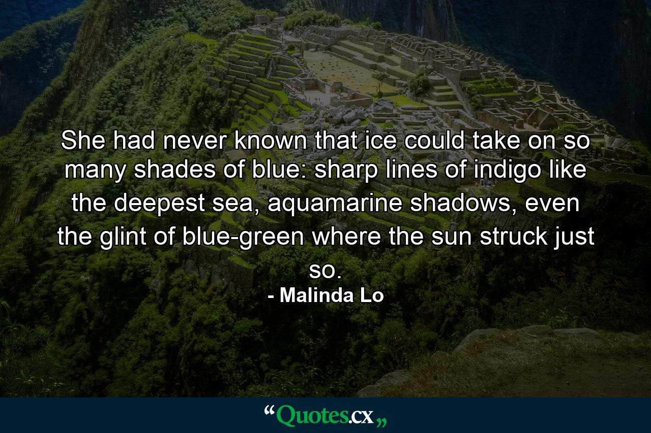 She had never known that ice could take on so many shades of blue: sharp lines of indigo like the deepest sea, aquamarine shadows, even the glint of blue-green where the sun struck just so. - Quote by Malinda Lo