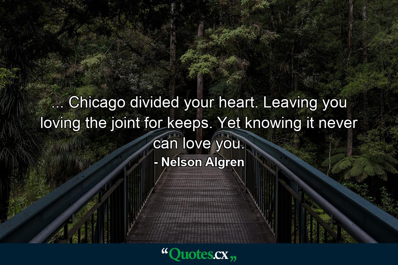 ... Chicago divided your heart. Leaving you loving the joint for keeps. Yet knowing it never can love you. - Quote by Nelson Algren