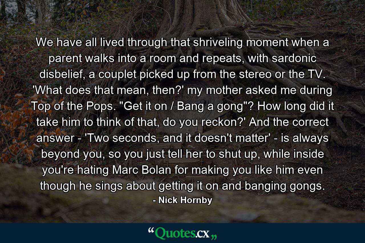 We have all lived through that shriveling moment when a parent walks into a room and repeats, with sardonic disbelief, a couplet picked up from the stereo or the TV. 'What does that mean, then?' my mother asked me during Top of the Pops. 