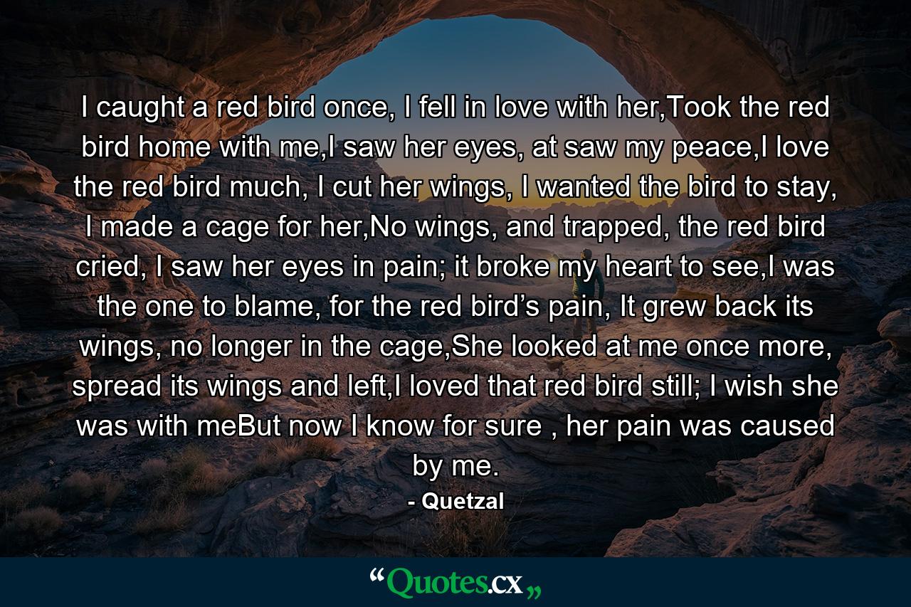 I caught a red bird once, I fell in love with her,Took the red bird home with me,I saw her eyes, at saw my peace,I love the red bird much, I cut her wings, I wanted the bird to stay, I made a cage for her,No wings, and trapped, the red bird cried, I saw her eyes in pain; it broke my heart to see,I was the one to blame, for the red bird’s pain, It grew back its wings, no longer in the cage,She looked at me once more, spread its wings and left,I loved that red bird still; I wish she was with meBut now I know for sure , her pain was caused by me. - Quote by Quetzal