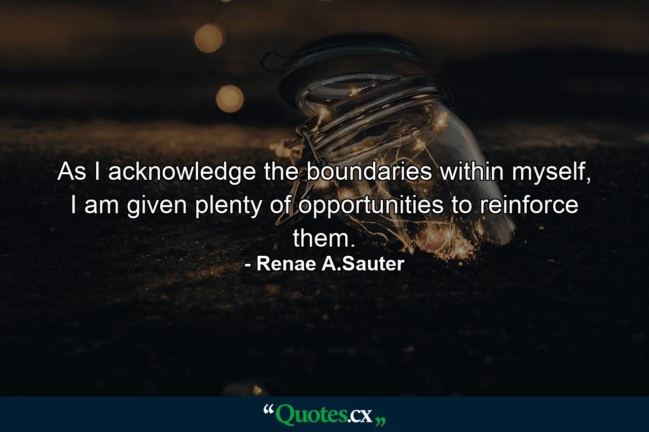 As I acknowledge the boundaries within myself, I am given plenty of opportunities to reinforce them. - Quote by Renae A.Sauter