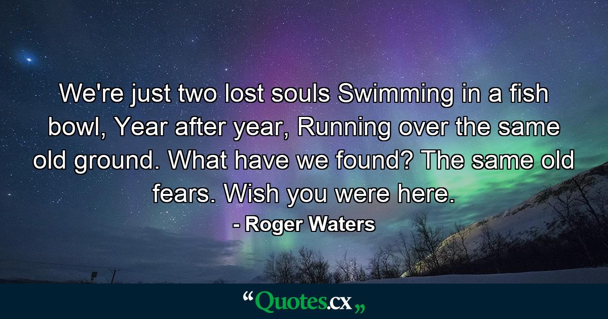 We're just two lost souls Swimming in a fish bowl, Year after year, Running over the same old ground. What have we found? The same old fears. Wish you were here. - Quote by Roger Waters