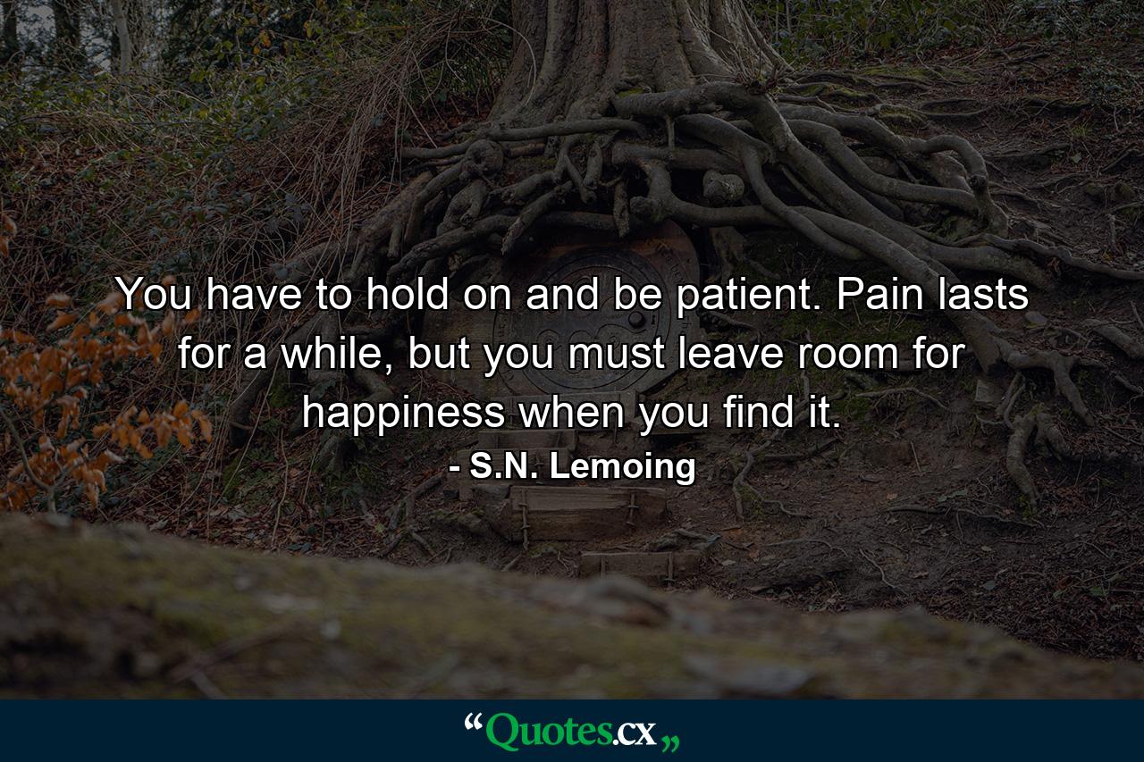 You have to hold on and be patient. Pain lasts for a while, but you must leave room for happiness when you find it. - Quote by S.N. Lemoing