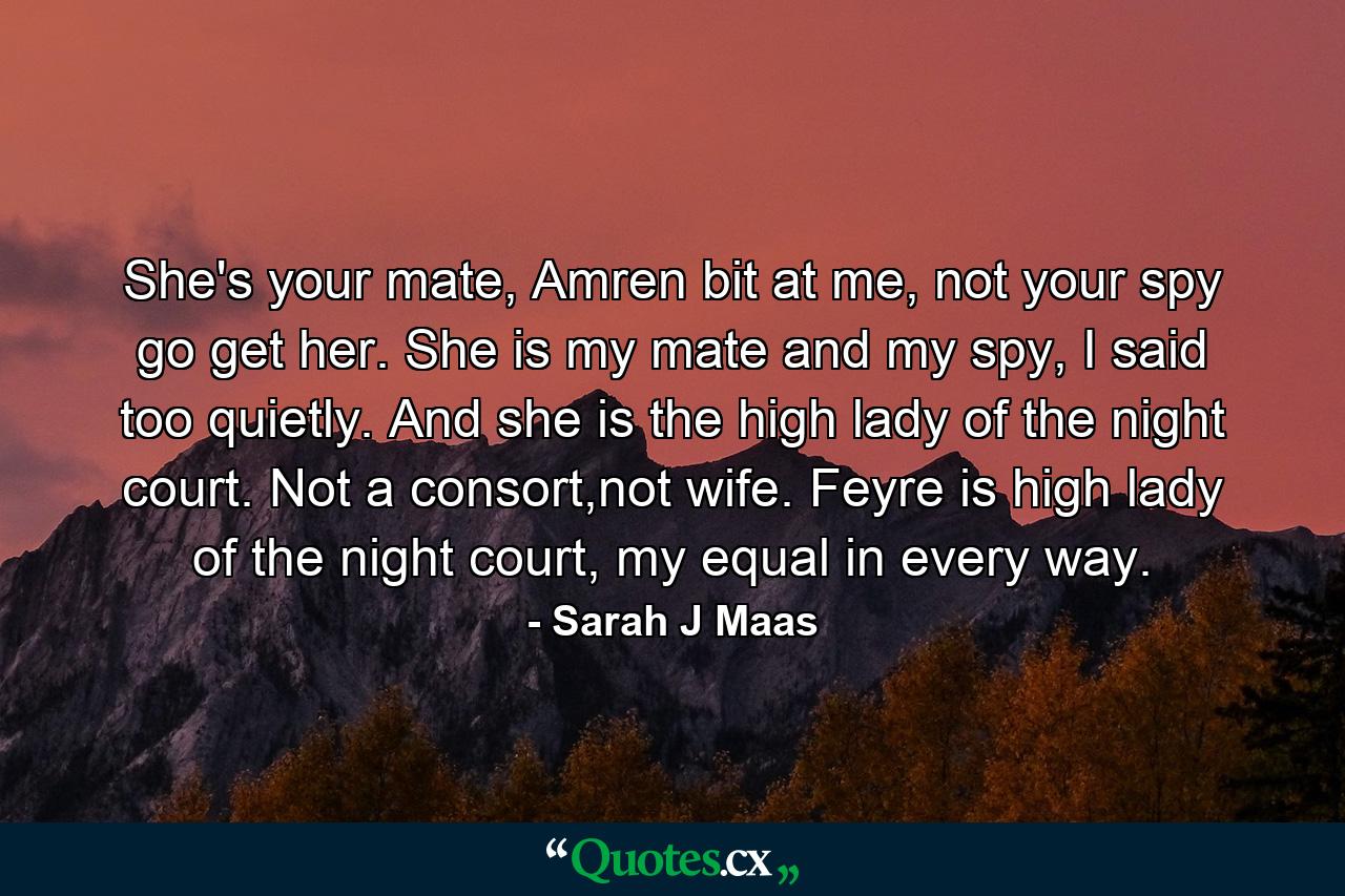 She's your mate, Amren bit at me, not your spy go get her. She is my mate and my spy, I said too quietly. And she is the high lady of the night court. Not a consort,not wife. Feyre is high lady of the night court, my equal in every way. - Quote by Sarah J Maas