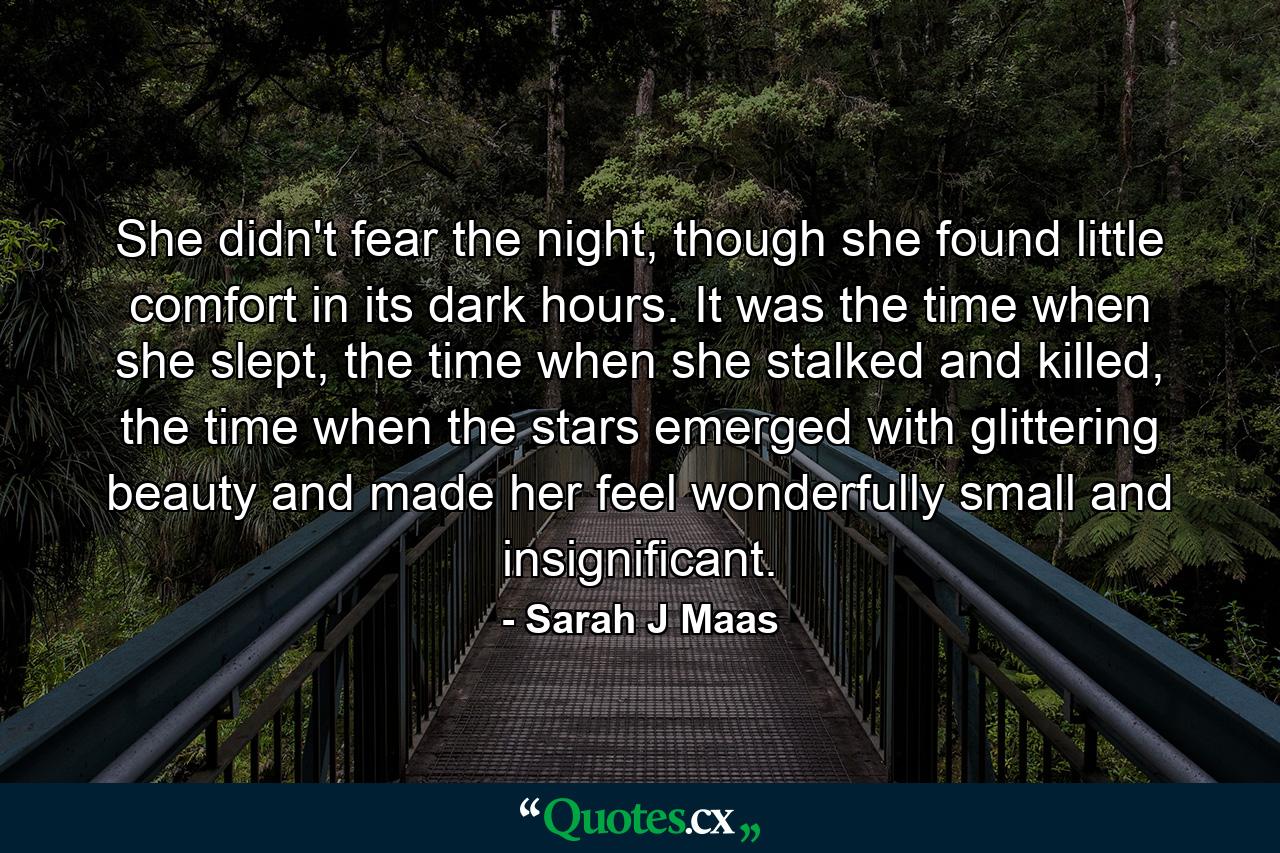 She didn't fear the night, though she found little comfort in its dark hours. It was the time when she slept, the time when she stalked and killed, the time when the stars emerged with glittering beauty and made her feel wonderfully small and insignificant. - Quote by Sarah J Maas