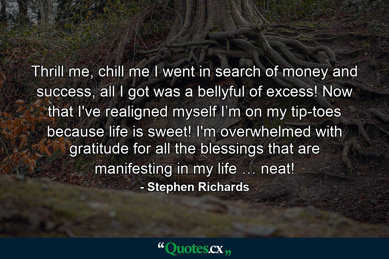 Thrill me, chill me I went in search of money and success, all I got was a bellyful of excess! Now that I've realigned myself I’m on my tip-toes because life is sweet! I'm overwhelmed with gratitude for all the blessings that are manifesting in my life … neat! - Quote by Stephen Richards