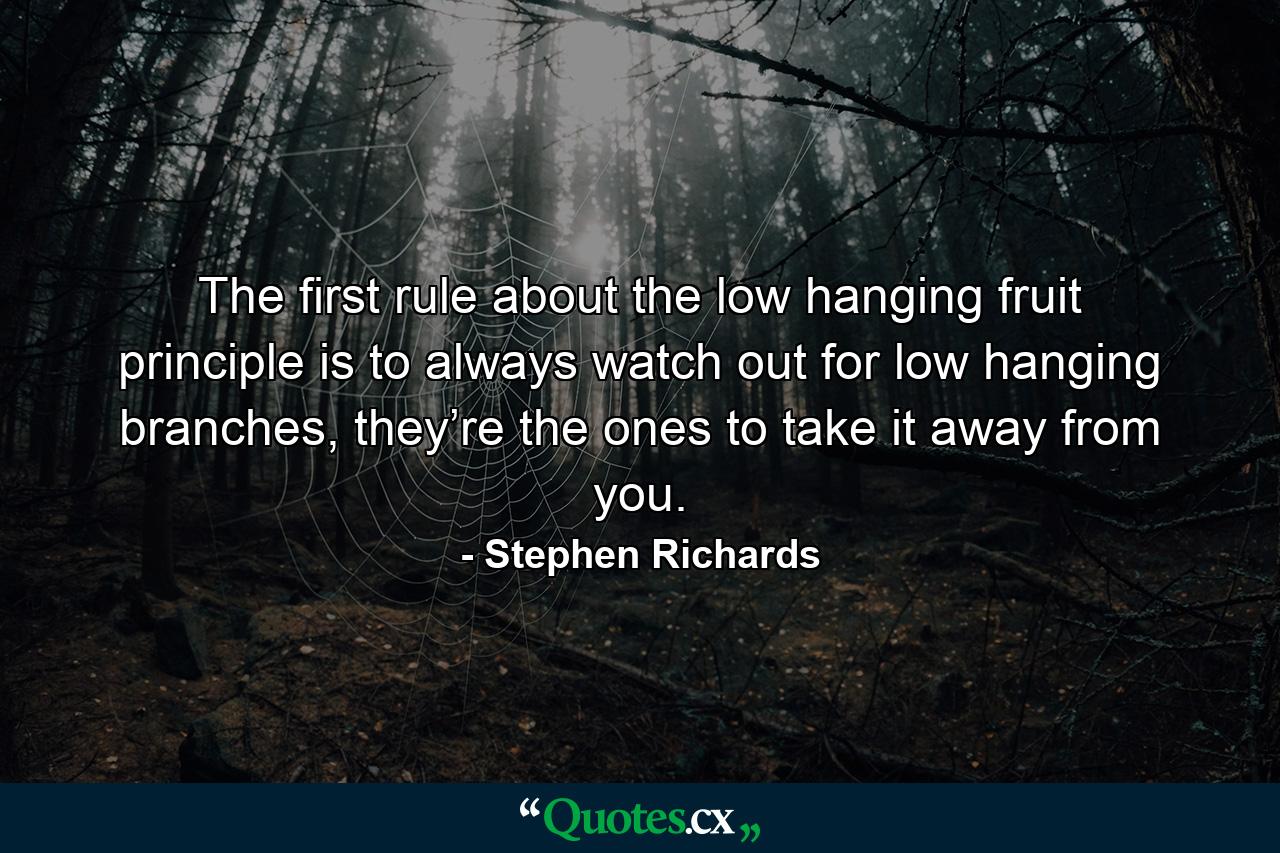 The first rule about the low hanging fruit principle is to always watch out for low hanging branches, they’re the ones to take it away from you. - Quote by Stephen Richards