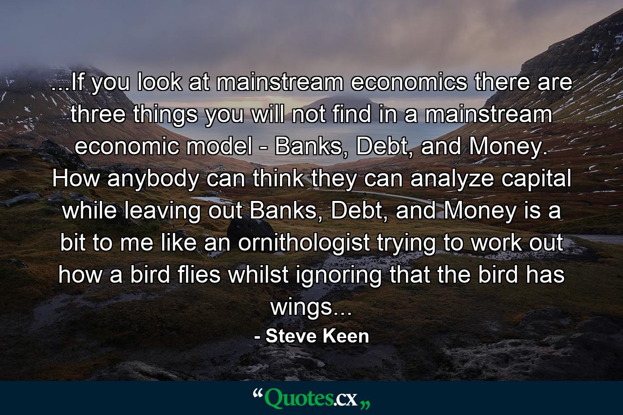 ...If you look at mainstream economics there are three things you will not find in a mainstream economic model - Banks, Debt, and Money. How anybody can think they can analyze capital while leaving out Banks, Debt, and Money is a bit to me like an ornithologist trying to work out how a bird flies whilst ignoring that the bird has wings... - Quote by Steve Keen