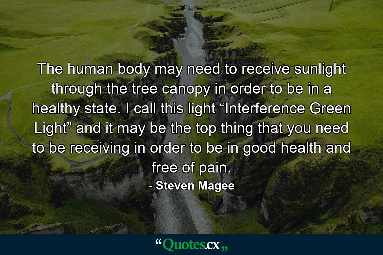 The human body may need to receive sunlight through the tree canopy in order to be in a healthy state. I call this light “Interference Green Light” and it may be the top thing that you need to be receiving in order to be in good health and free of pain. - Quote by Steven Magee