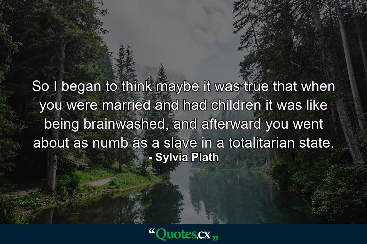 So I began to think maybe it was true that when you were married and had children it was like being brainwashed, and afterward you went about as numb as a slave in a totalitarian state. - Quote by Sylvia Plath