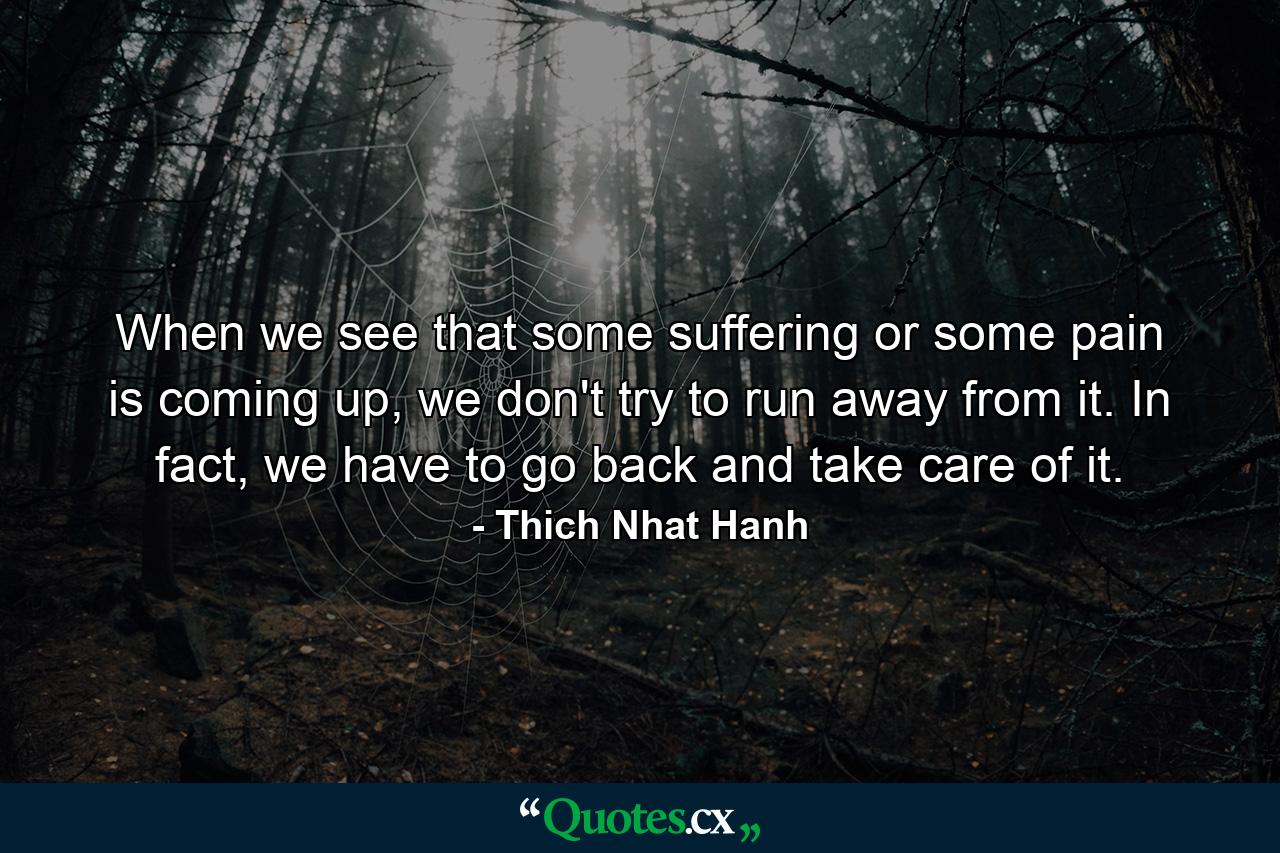 When we see that some suffering or some pain is coming up, we don't try to run away from it. In fact, we have to go back and take care of it. - Quote by Thich Nhat Hanh