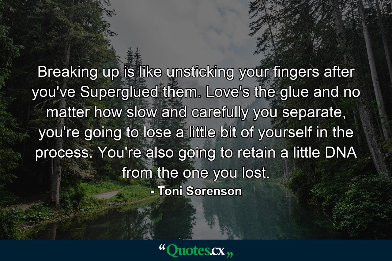 Breaking up is like unsticking your fingers after you've Superglued them. Love's the glue and no matter how slow and carefully you separate, you're going to lose a little bit of yourself in the process. You're also going to retain a little DNA from the one you lost. - Quote by Toni Sorenson